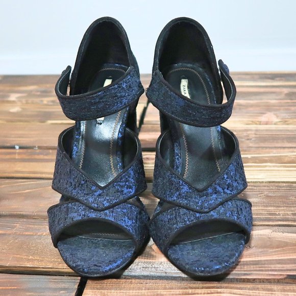 Zara Block Tapestry Heels Sandals 8 - Picture 2 of 11